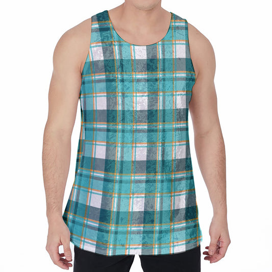 Teal Madras Pattern Print Men's Velvet Tank Top