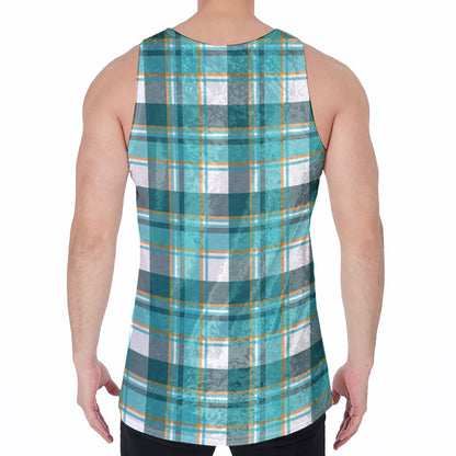 Teal Madras Pattern Print Men's Velvet Tank Top
