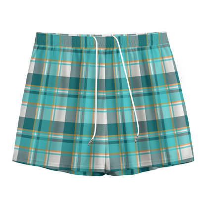 Teal Madras Pattern Print Mesh Shorts