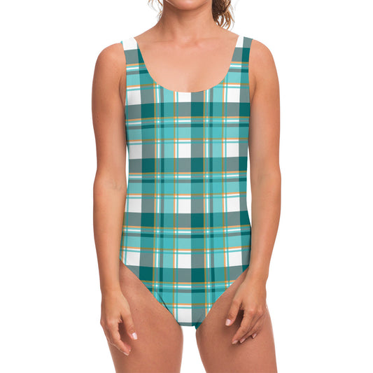 Teal Madras Pattern Print One Piece Swimsuit