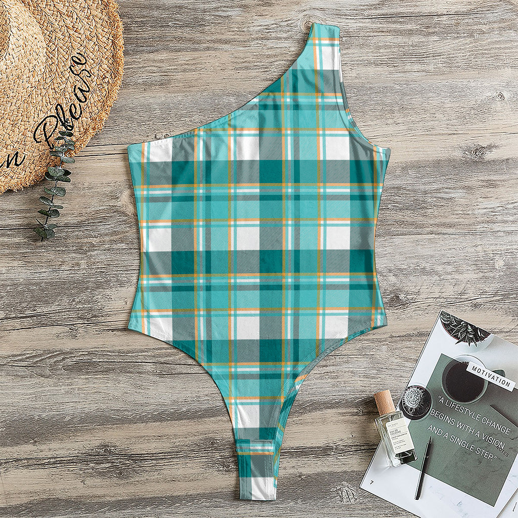 Teal Madras Pattern Print One Shoulder Bodysuit
