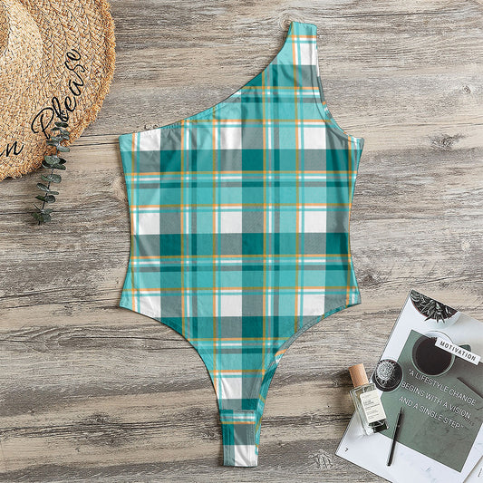 Teal Madras Pattern Print One Shoulder Bodysuit