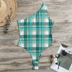 Teal Madras Pattern Print One Shoulder Bodysuit