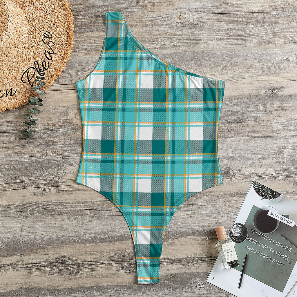 Teal Madras Pattern Print One Shoulder Bodysuit