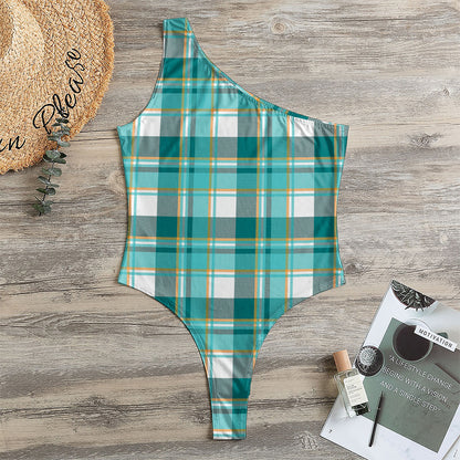 Teal Madras Pattern Print One Shoulder Bodysuit