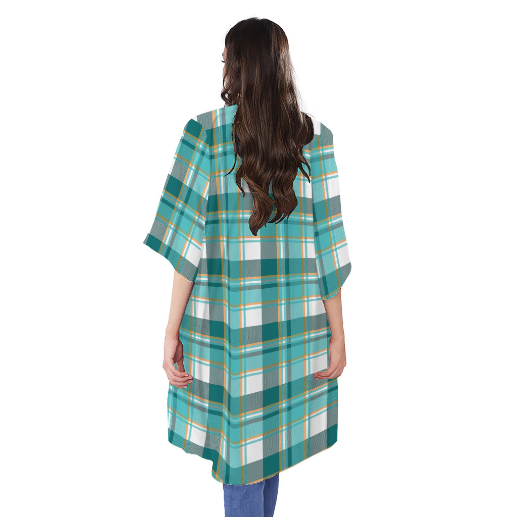 Teal Madras Pattern Print Open Front Beach Cover Up