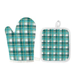 Teal Madras Pattern Print Oven Mitt And Pot Holder Set