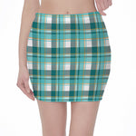 Teal Madras Pattern Print Pencil Mini Skirt