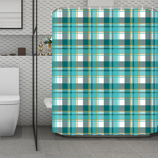 Teal Madras Pattern Print Polyester Shower Curtain