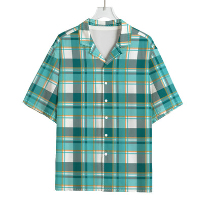 Teal Madras Pattern Print Rayon Hawaiian Shirt