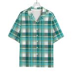 Teal Madras Pattern Print Rayon Hawaiian Shirt