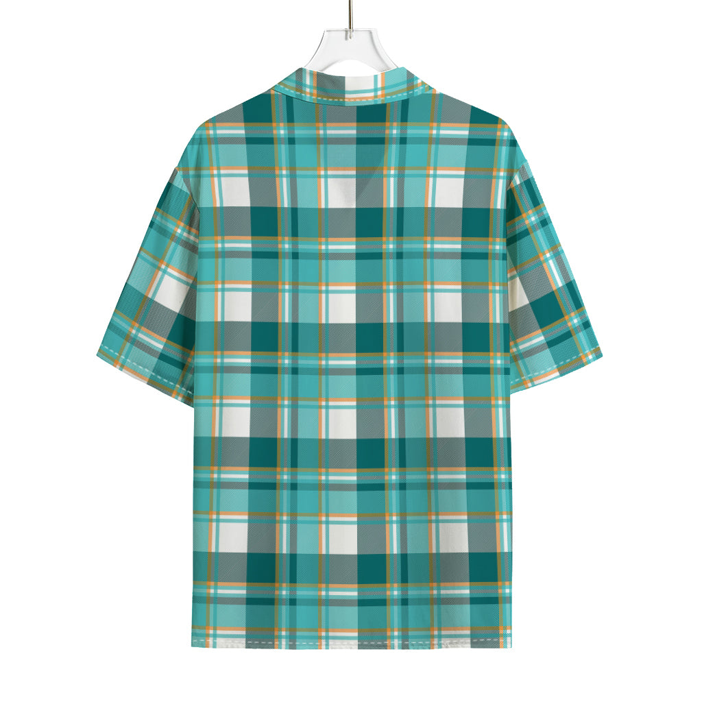 Teal Madras Pattern Print Rayon Hawaiian Shirt