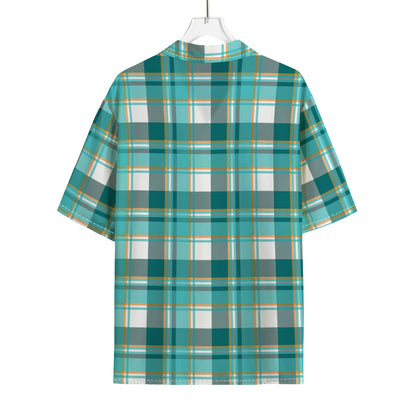 Teal Madras Pattern Print Rayon Hawaiian Shirt