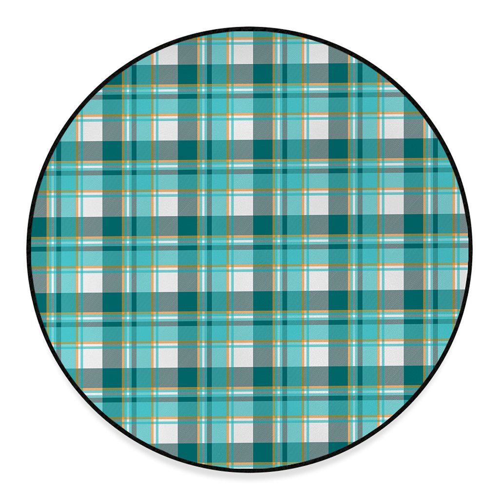 Teal Madras Pattern Print Round Floor Mat