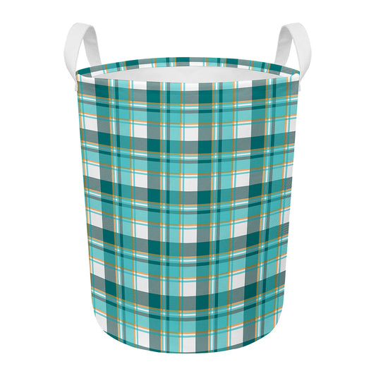 Teal Madras Pattern Print Round Laundry Basket