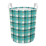Teal Madras Pattern Print Round Laundry Basket