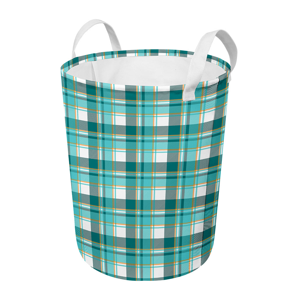 Teal Madras Pattern Print Round Laundry Basket