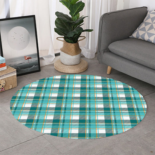 Teal Madras Pattern Print Round Rug