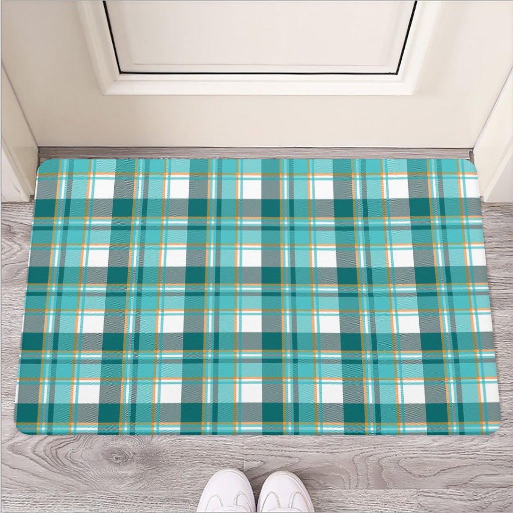 Teal Madras Pattern Print Rubber Doormat