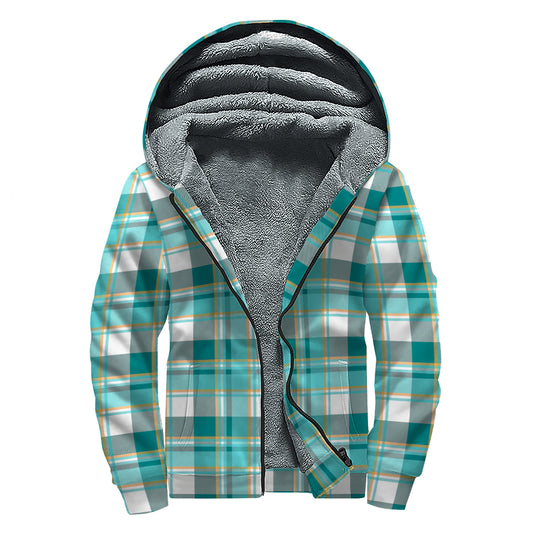 Teal Madras Pattern Print Sherpa Lined Zip Up Hoodie