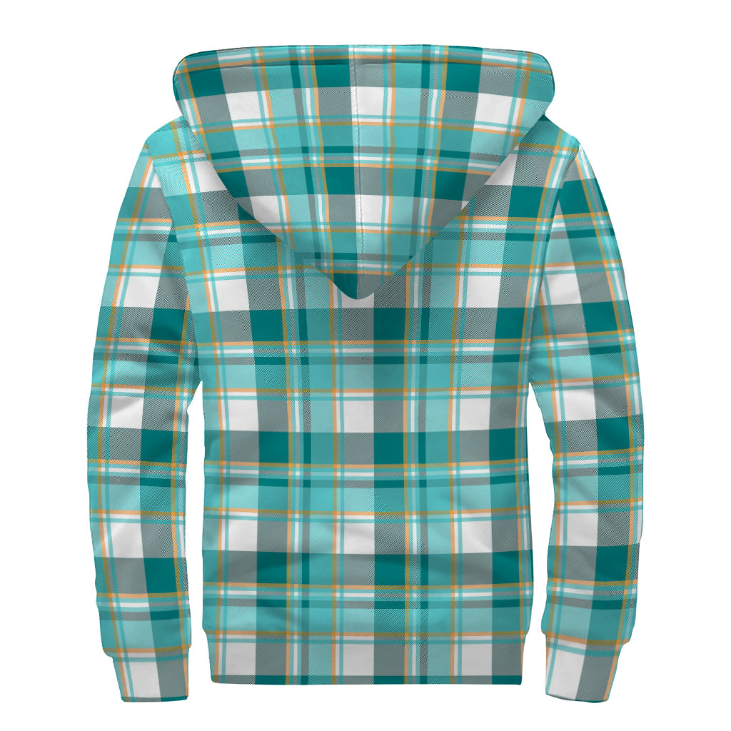 Teal Madras Pattern Print Sherpa Lined Zip Up Hoodie
