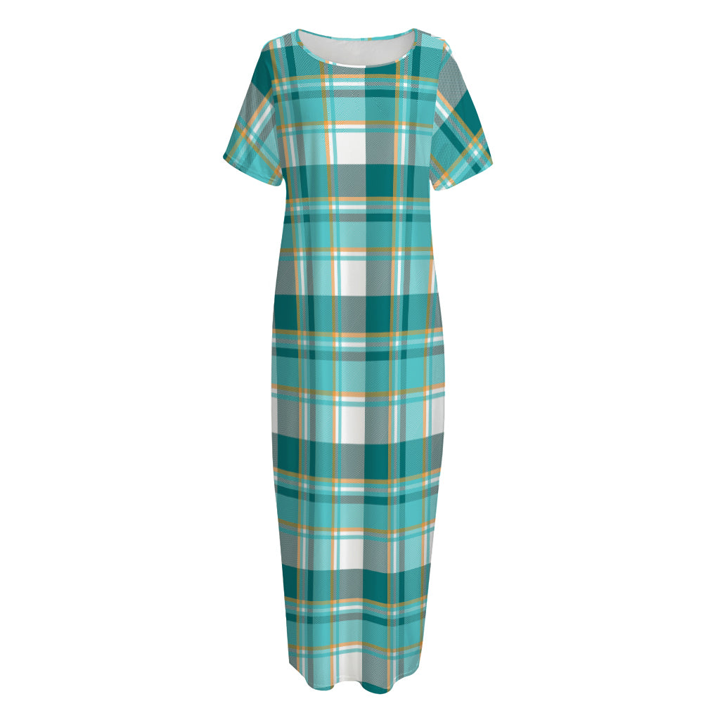 Teal Madras Pattern Print Short Sleeve Long Nightdress