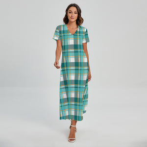 Teal Madras Pattern Print Short Sleeve Maxi Dress