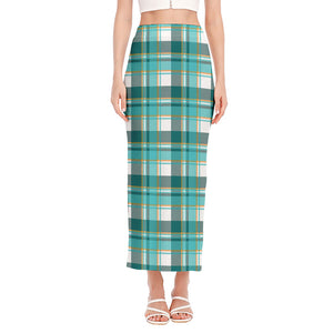 Teal Madras Pattern Print Side Slit Maxi Skirt