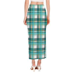 Teal Madras Pattern Print Side Slit Maxi Skirt