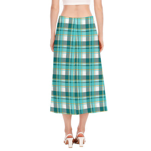 Teal Madras Pattern Print Side Slit Midi Skirt