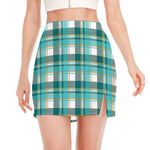 Teal Madras Pattern Print Side Slit Mini Skirt