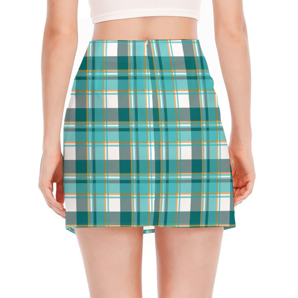 Teal Madras Pattern Print Side Slit Mini Skirt