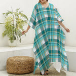 Teal Madras Pattern Print Silk V-Neck Kaftan Dress