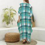 Teal Madras Pattern Print Silk V-Neck Kaftan Dress