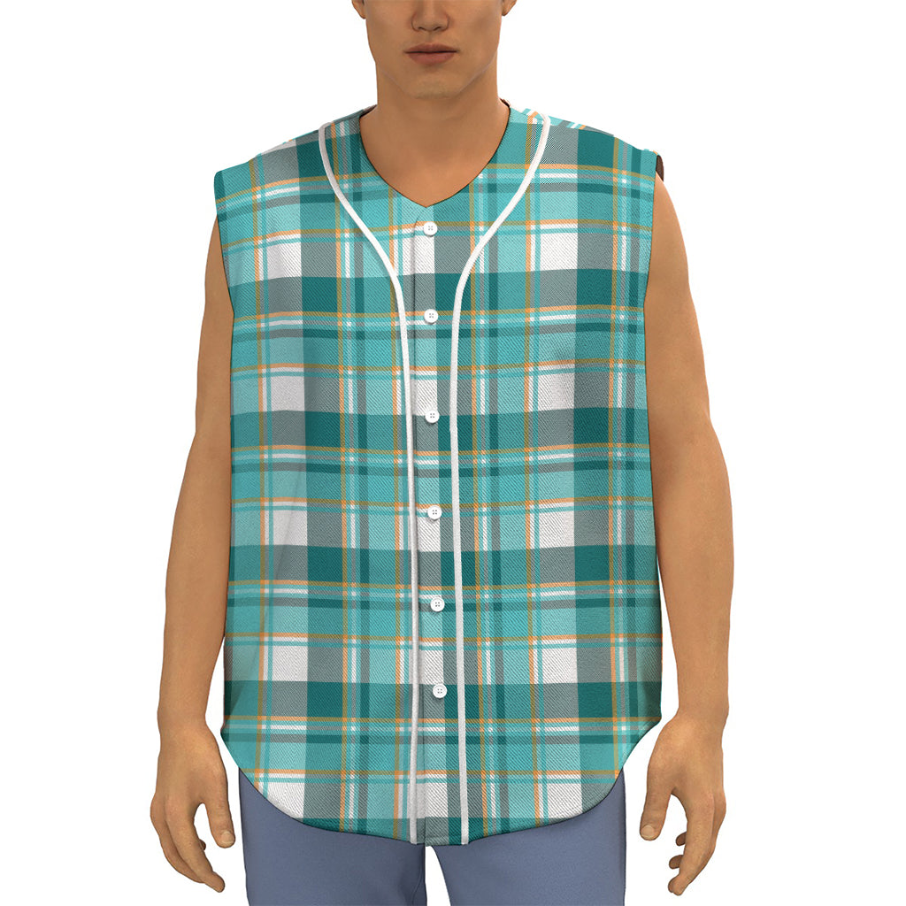 Teal Madras Pattern Print Sleeveless Baseball Jersey