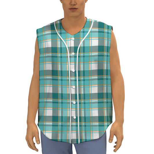 Teal Madras Pattern Print Sleeveless Baseball Jersey