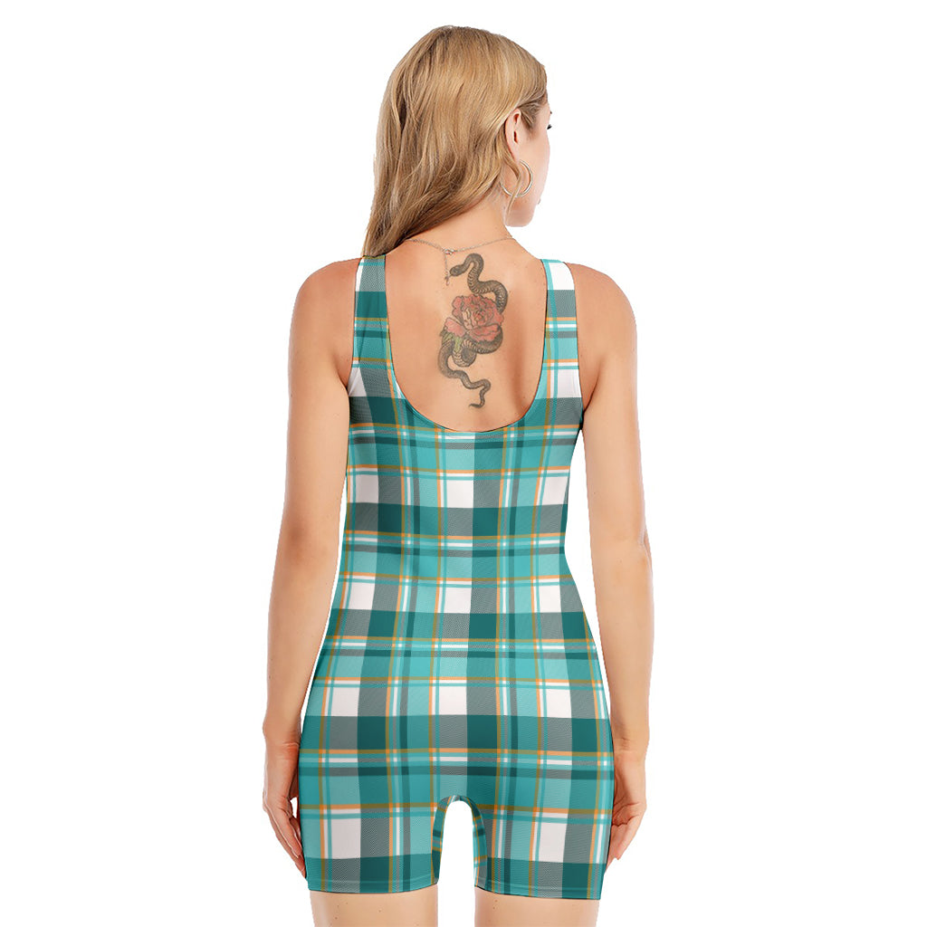 Teal Madras Pattern Print Sleeveless One Piece Swimsuit