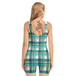 Teal Madras Pattern Print Sleeveless One Piece Swimsuit