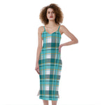 Teal Madras Pattern Print Slim Fit Midi Cami Dress