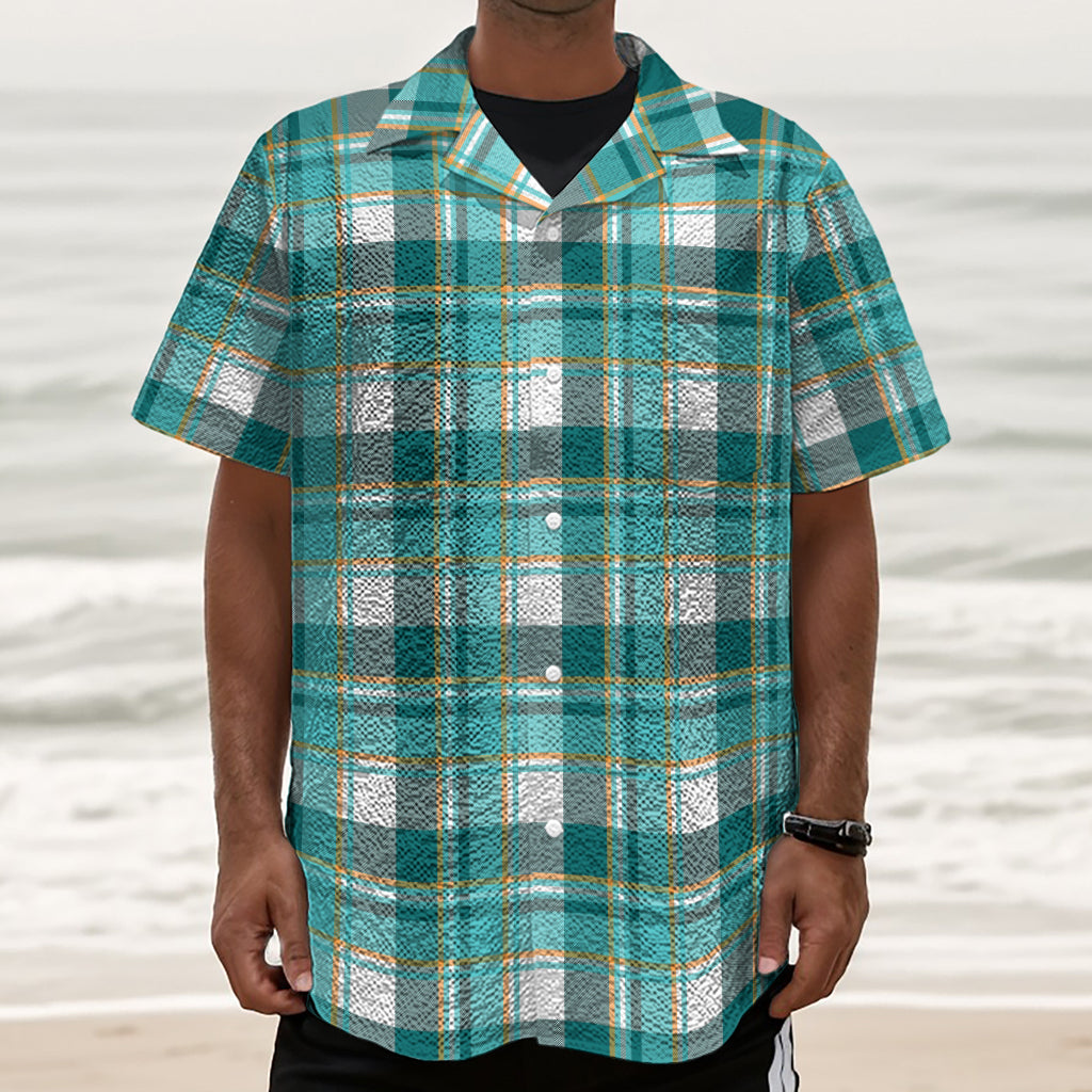Teal Madras Pattern Print Textured Short Sleeve Shirt