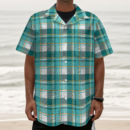 Teal Madras Pattern Print Textured Short Sleeve Shirt