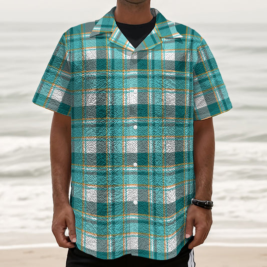 Teal Madras Pattern Print Textured Short Sleeve Shirt