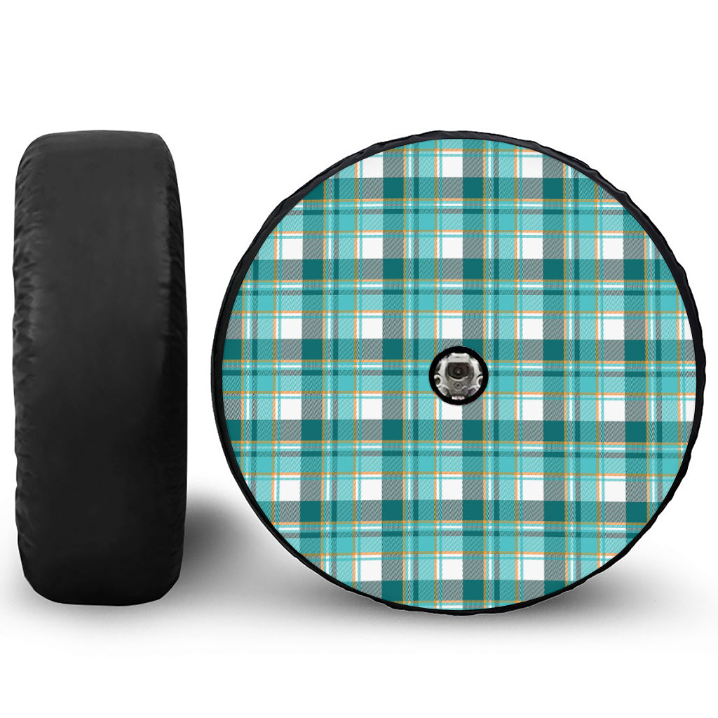 Teal Madras Pattern Print Tire Cover With Camera Hole