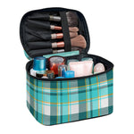 Teal Madras Pattern Print Travel Makeup Bag