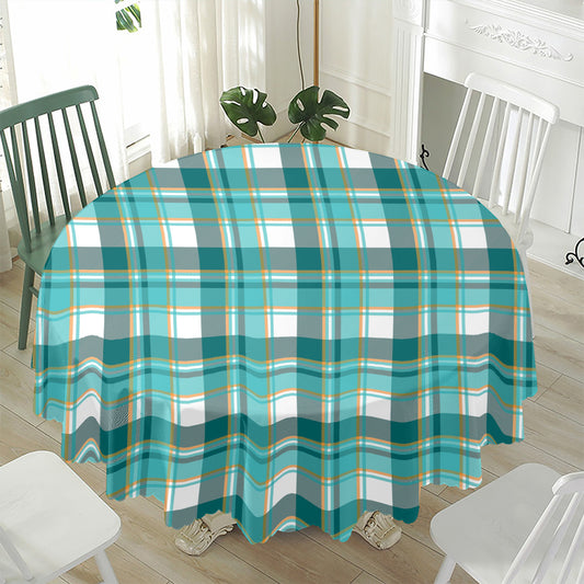 Teal Madras Pattern Print Waterproof Round Tablecloth