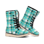 Teal Madras Pattern Print Winter Boots