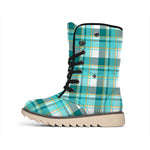 Teal Madras Pattern Print Winter Boots