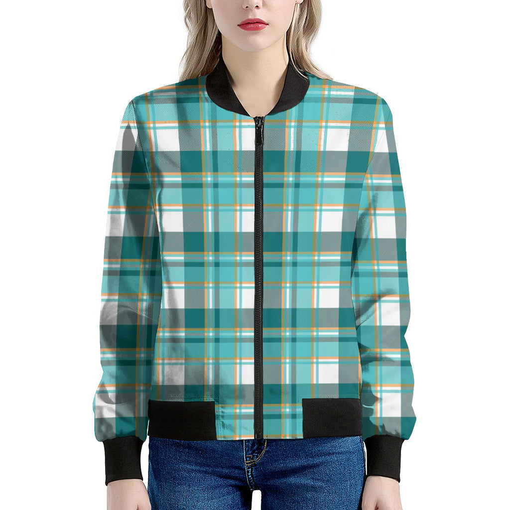 Teal Madras Pattern Print Women's Bomber Jacket