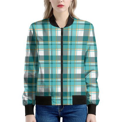 Teal Madras Pattern Print Women's Bomber Jacket