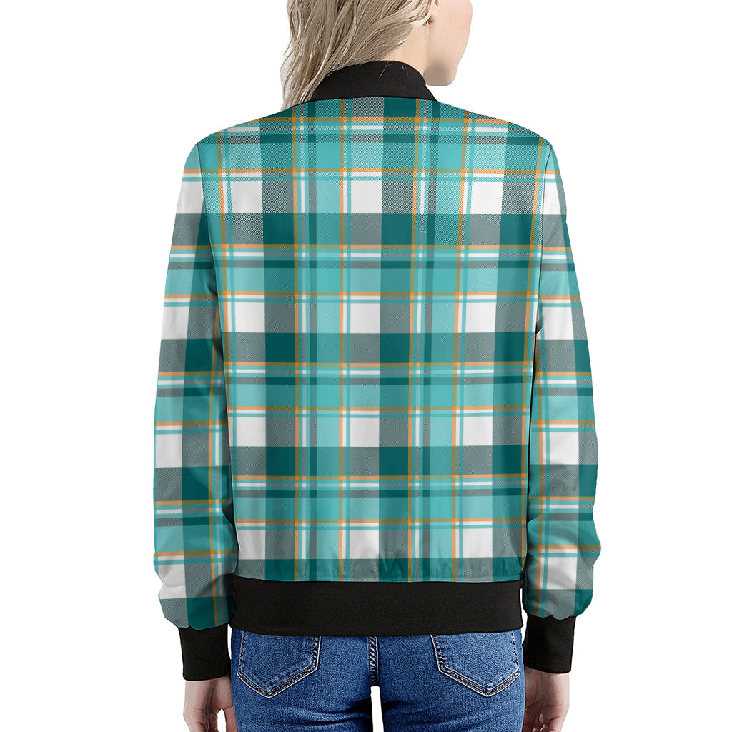 Teal Madras Pattern Print Women's Bomber Jacket